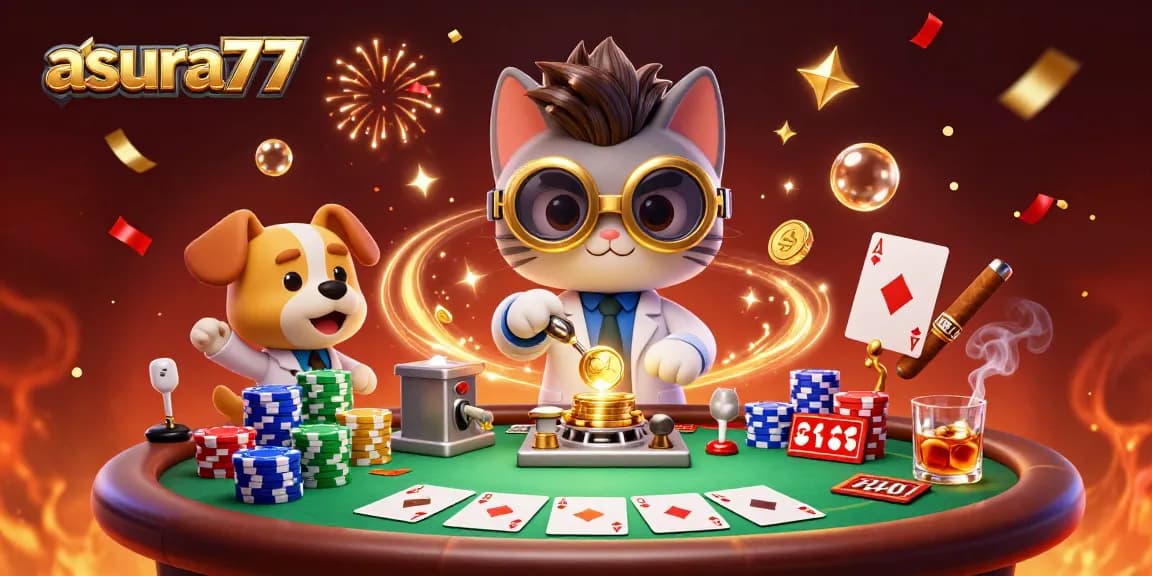 Engage with asura77's thrilling casino experience, featuring a cartoon scientist and dog in a lively setting.