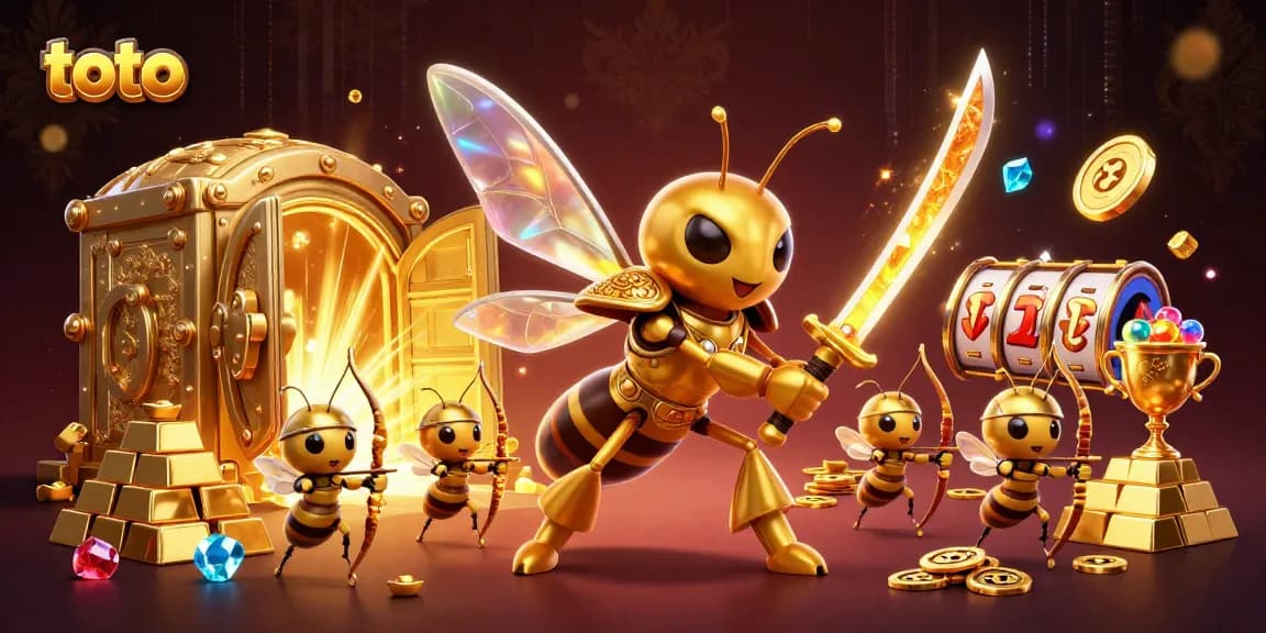 Toto game figures showcase thrilling action with a golden hornet samurai amidst shimmering treasures.