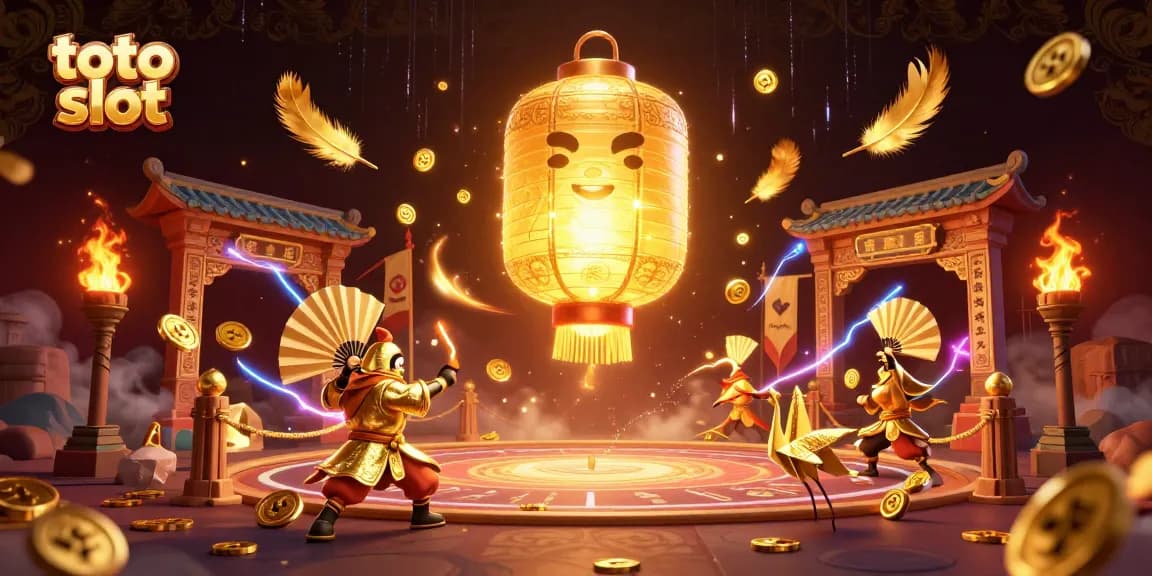 Menangkan hadiah besar dengan toto slot di kasino malam yang ramai, dihiasi dengan ornamen emas.