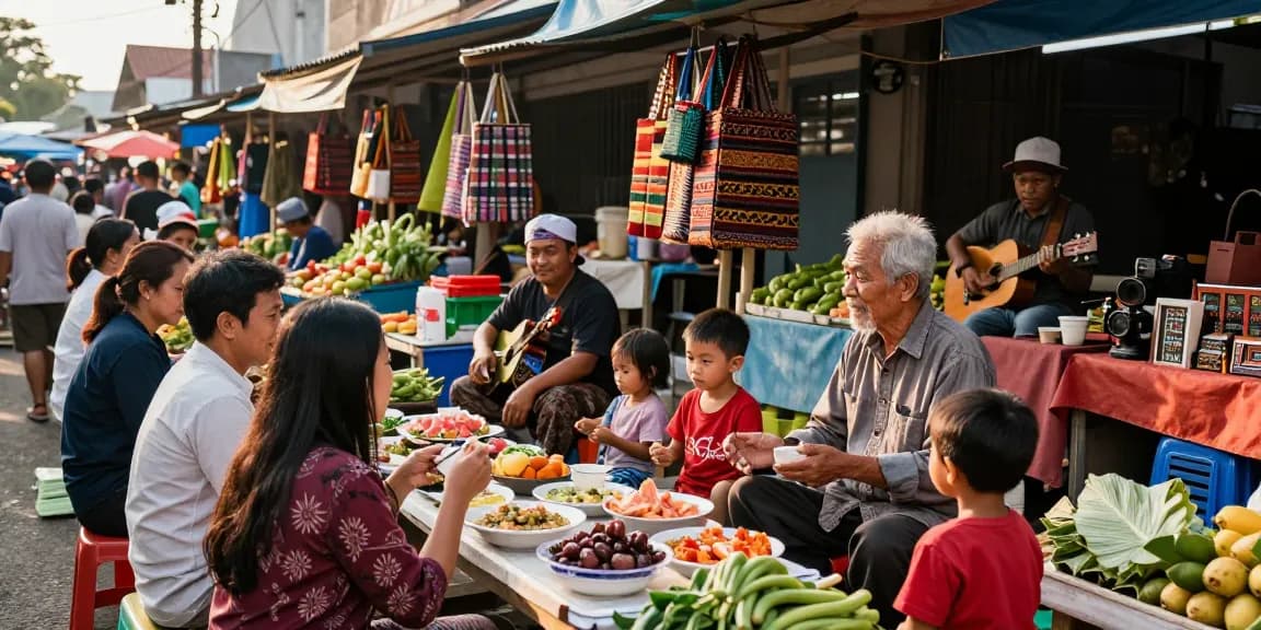Aktivitas masyarakat di pasar lokal Leci123 dengan warna-warni, interaksi hangat, dan produk lokal.