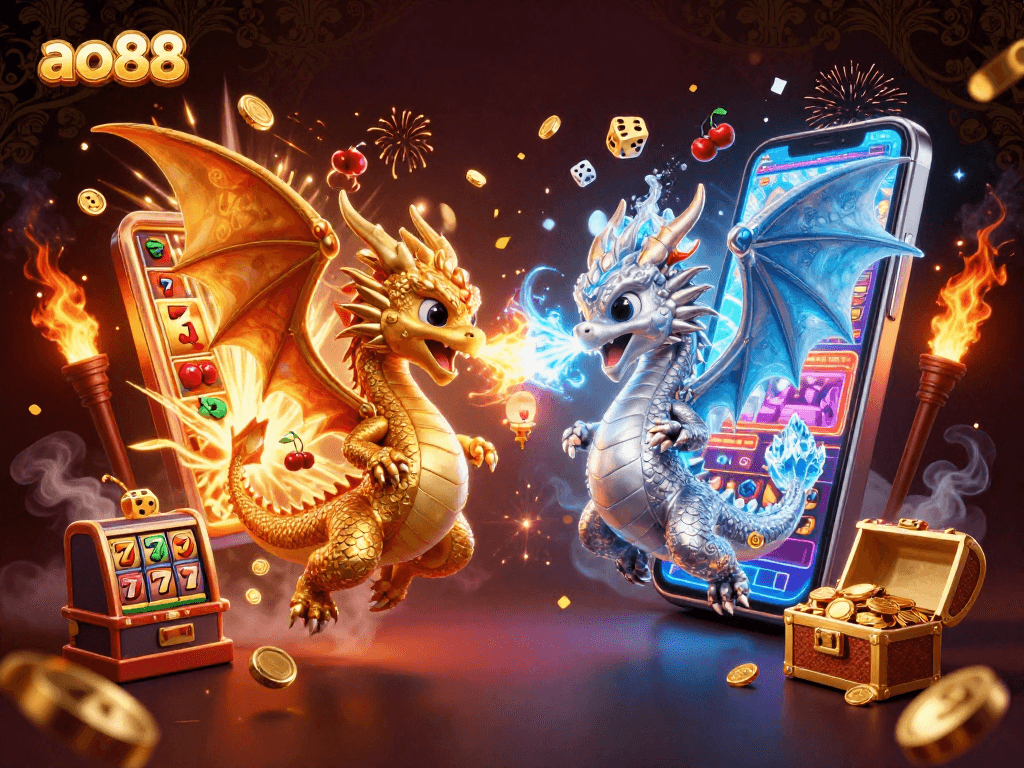 Experience thrilling gameplay at ao88 with golden and silver dragons amidst dynamic casino elements