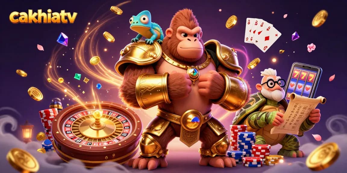 Cakhiatv engages bettors with a vibrant scene featuring a gorilla king and gambling elements, promoting dynamic betting.