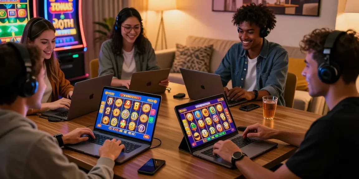 tempototo online slots gameplay with excited players around laptops and tablets showcasing colorful graphics