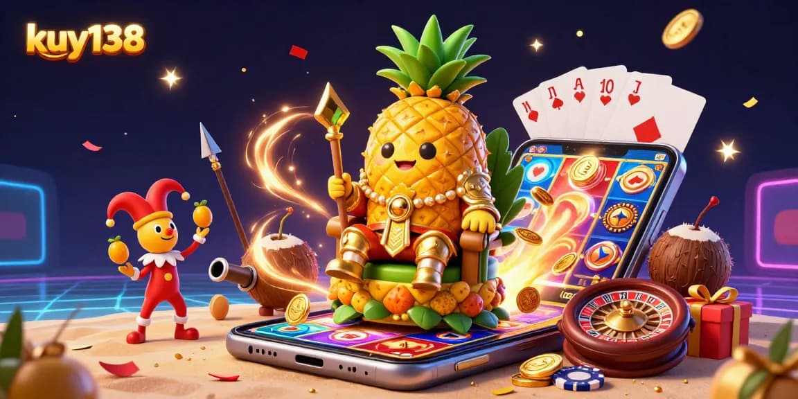 Gambarkan suasana meriah kuy138 dengan raja nanas emas dan jester di kasino pantai.