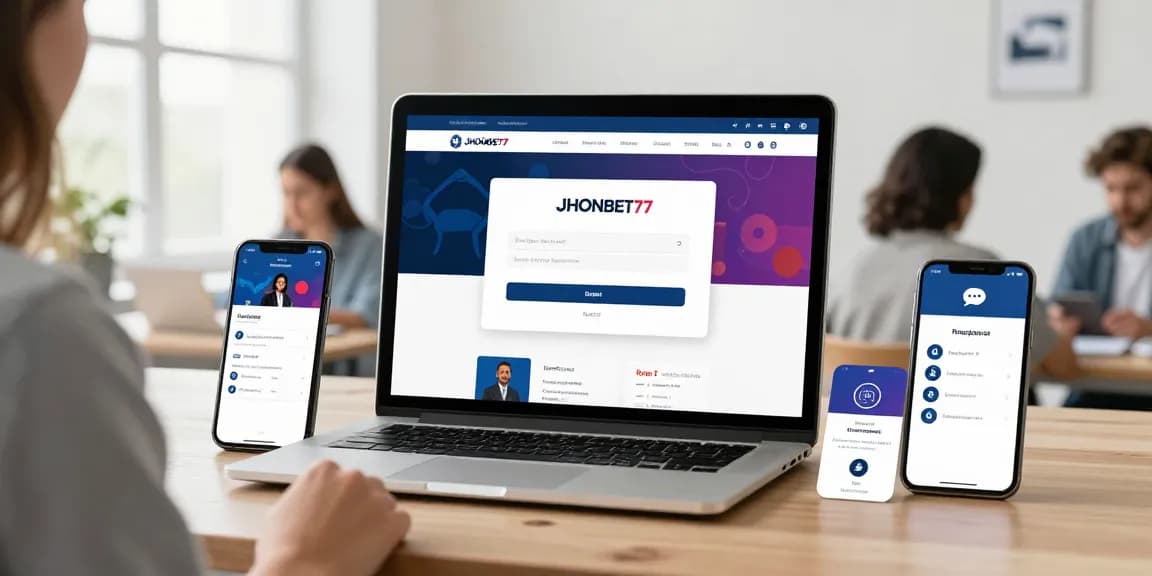 Akses pengguna ke geneia.com dengan halaman login dan pendaftaran JHONBET77 di perangkat modern.