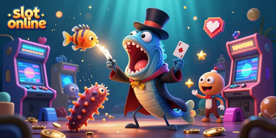 Mengaktifkan peluang slot online dengan ilustrasi 3D menarik dua karakter laut dalam dan elemen permainan kasino modern.