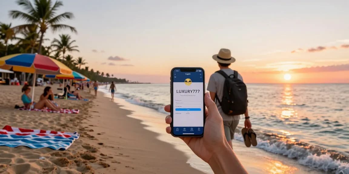 Proses Login LUXURY777 di tepi pantai saat matahari terbenam, suasana santai dan ceria.