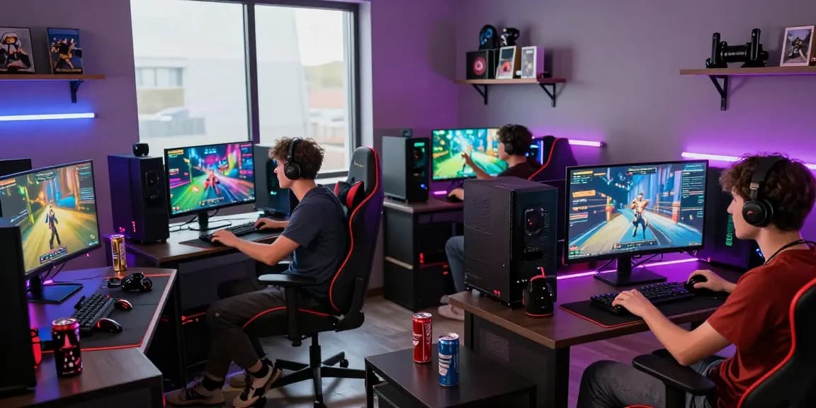 Young gamers engaged in thrilling gameplay on CIKA4D platform in a vibrant gaming room.