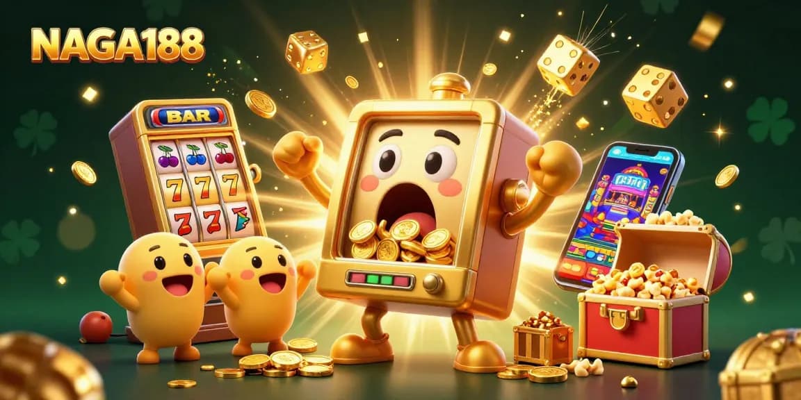 NAGA188 memukau pemain dengan slot jackpot emas yang mengeluarkan koin dan disaksikan oleh mesin slot kecil.