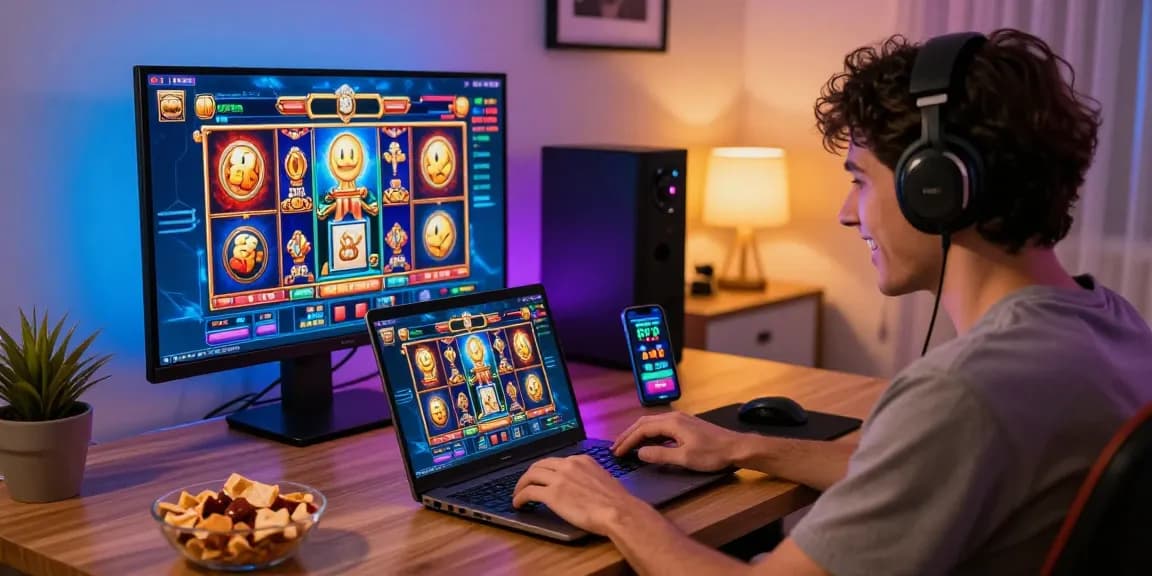 Gamer playing slot games online with vibrant visuals and RTP updates.