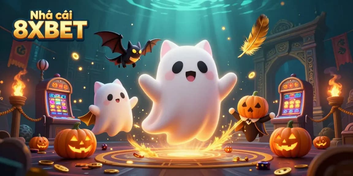 Engage with the vibrant scene of Nhà cái 8XBET as a ghost cat and bat animate a haunted casino.