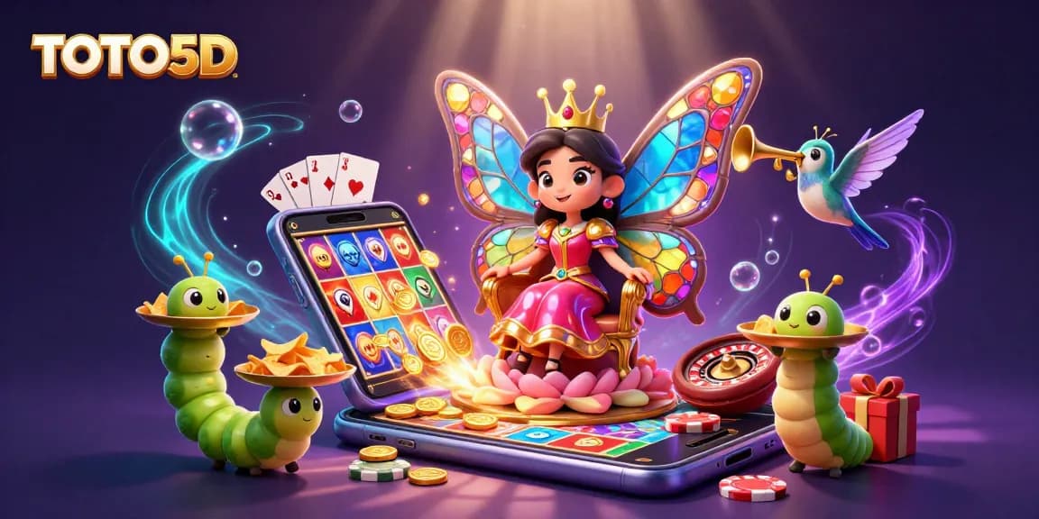 Permainan slot TOTO5D dengan ratu kupu-kupu dan efek cahaya magis di latar belakang