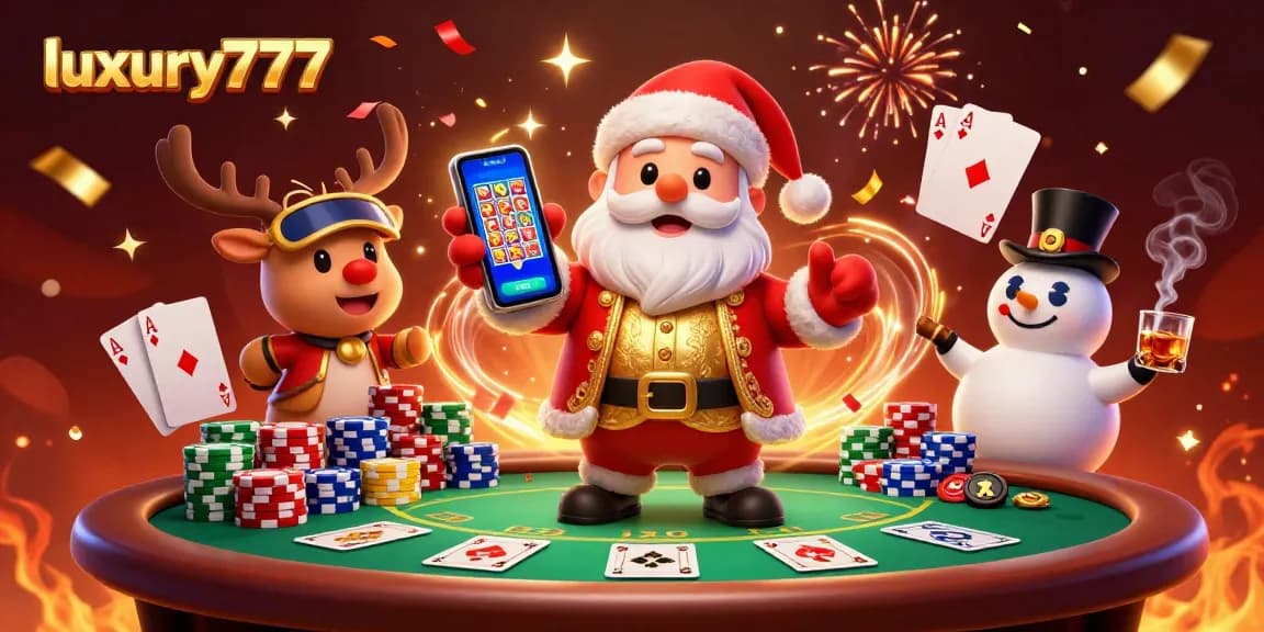 Engage with luxury777 through a vibrant casino scene with Santa and festive characters.