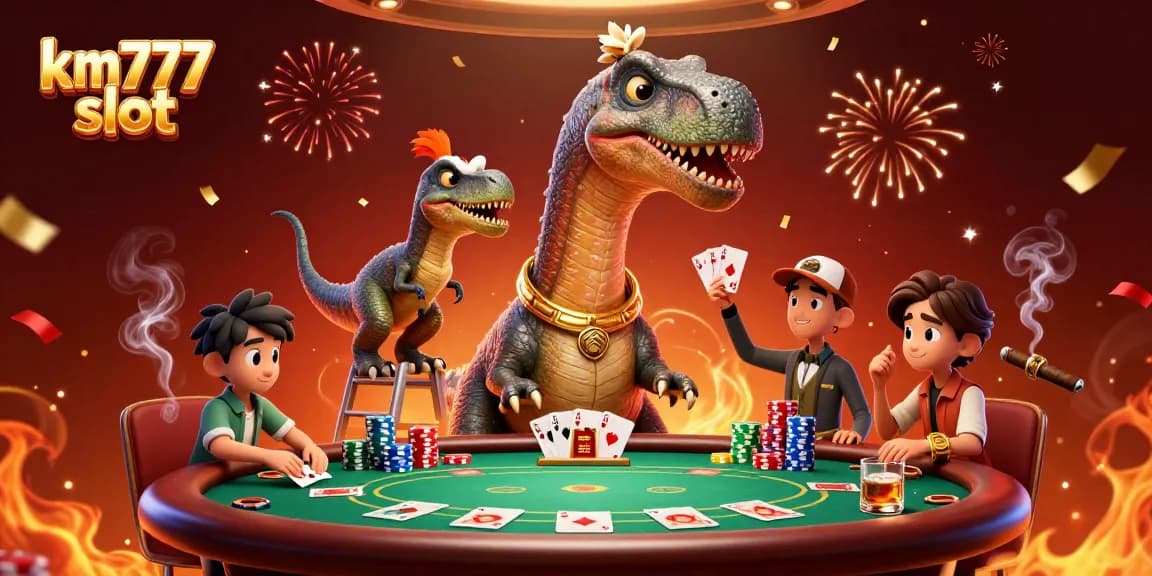 Engage with km777 slot action featuring a brontosaurus and raptor in a dynamic casino scene.