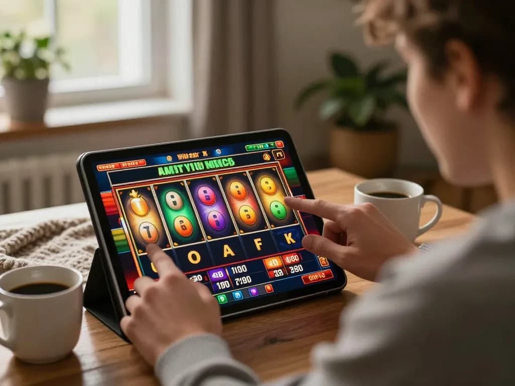 PULSASLOT SLOT ONLINE TERPERCAYA players enjoying spins on their tablet in a cozy home setting.