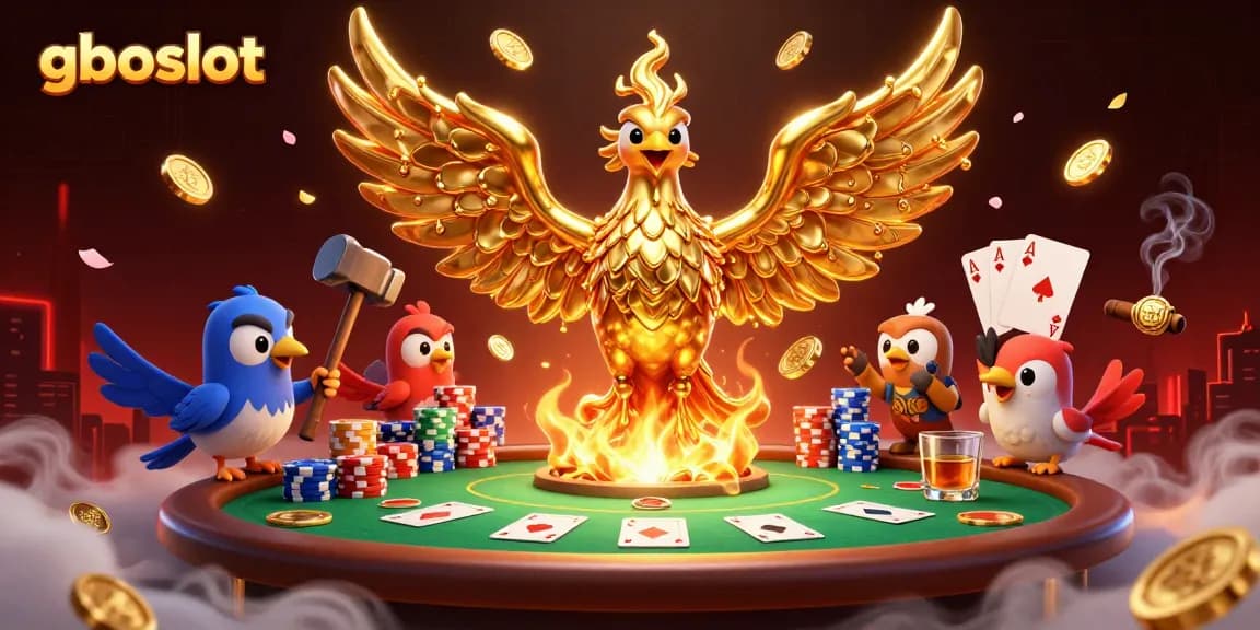 gboslot menampilkan ilustrasi 3D kasino dengan burung phoenix dan elemen poker yang kaya
