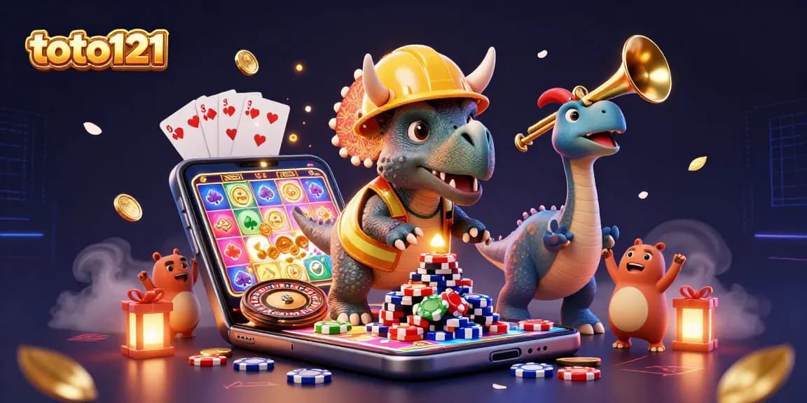 Permainan slot interaktif dengan toto121, triceratops membangun menara chip poker di kasino.