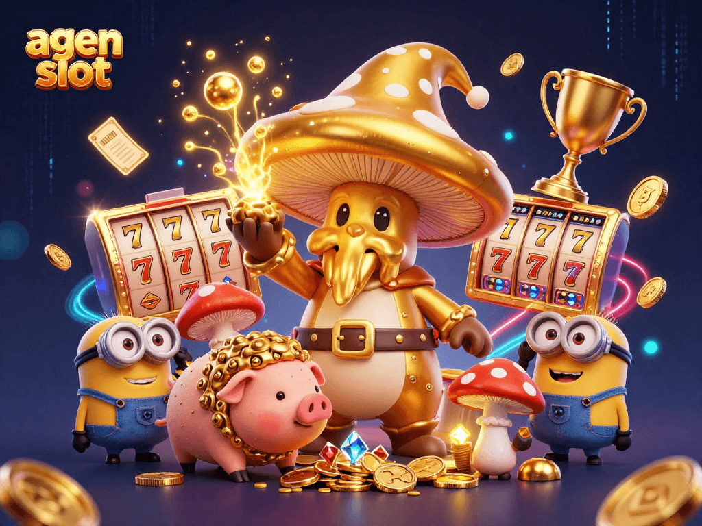 Gambarkan agen slot dengan ilustrasi 3D kartun yang menampilkan raja jamur emas besar dan teman-temannya yang siap bermain.