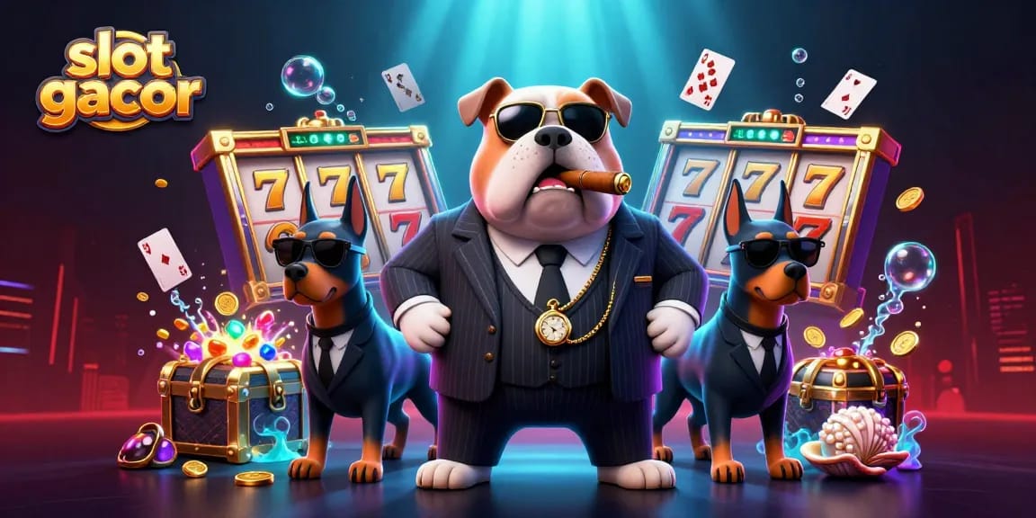 Engage with slot gacor excitement featuring mafia-themed characters amidst vibrant casino elements.
