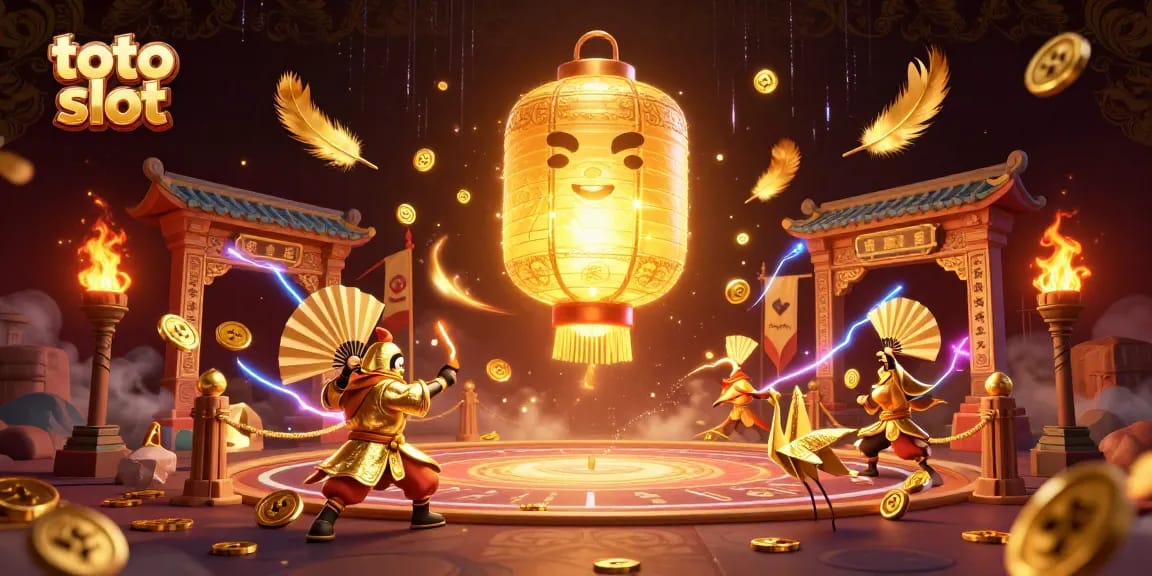 Menangkan hadiah besar dengan toto slot di kasino malam yang ramai, dihiasi dengan ornamen emas.