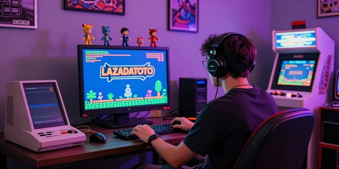 Pengalaman gaming klasik LAZADATOTO dengan nuansa nostalgia dan pemain terlibat di ruang permainan.