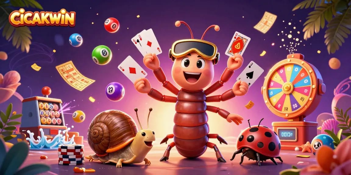 CICAKWIN offers a vibrant gaming scene with a cartoon millipede dealer, high-stakes betting, and exciting lottery elements.