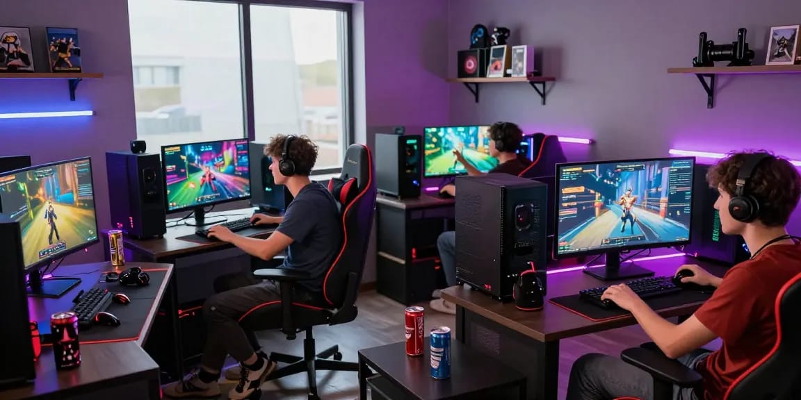 Young gamers engaged in thrilling gameplay on CIKA4D platform in a vibrant gaming room.