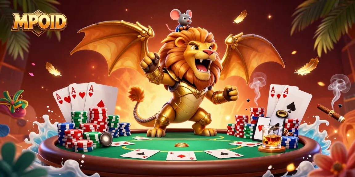 Engage in thrilling gameplay with MPOID, featuring a vibrant 3D casino scene filled with poker elements.