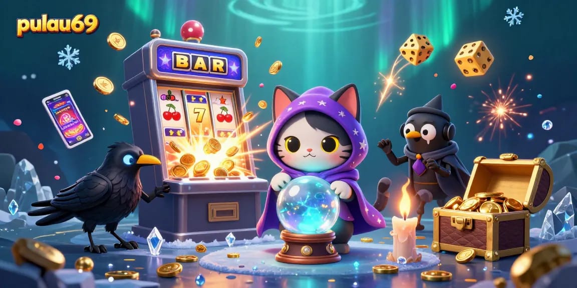 Experience pulau69 with fortune teller cat, raven, and vibrant casino elements in extraordinary detail.