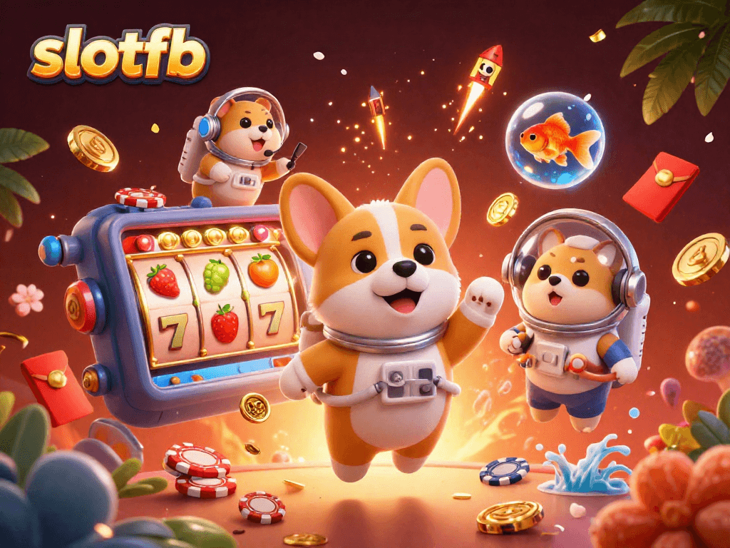 Engage with slotfb through vibrant visuals of a space casino featuring a playful astronaut corgi and dynamic game elements.