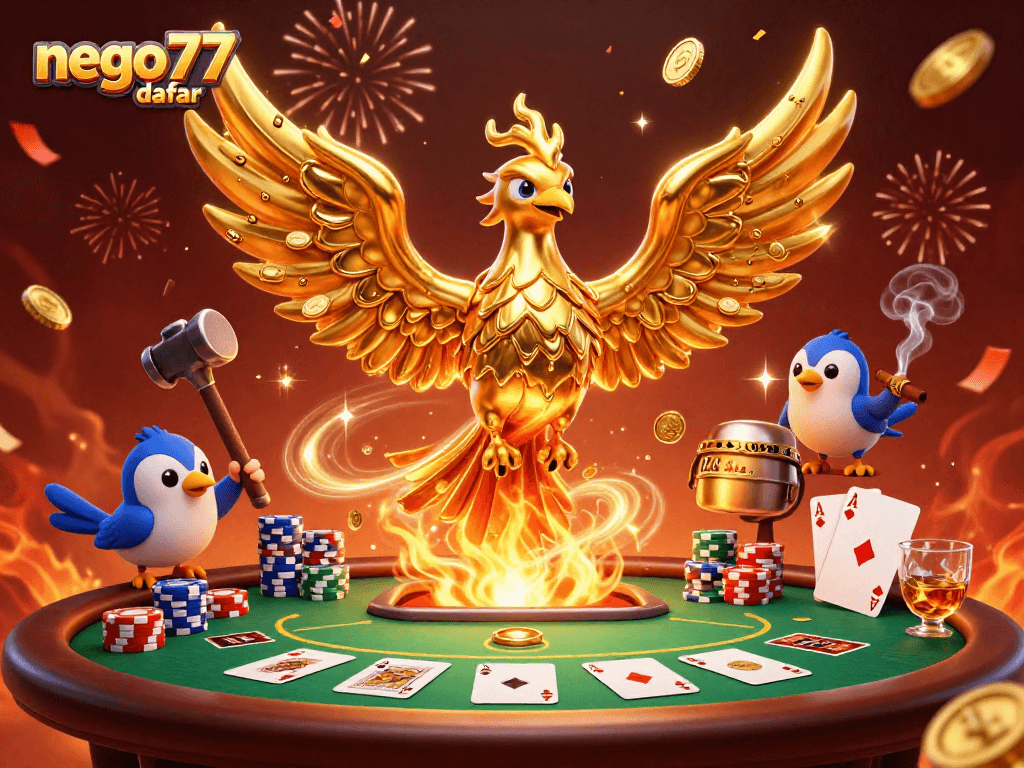 Experience excitement with nego77 daftar featuring a fiery golden phoenix and poker elements.