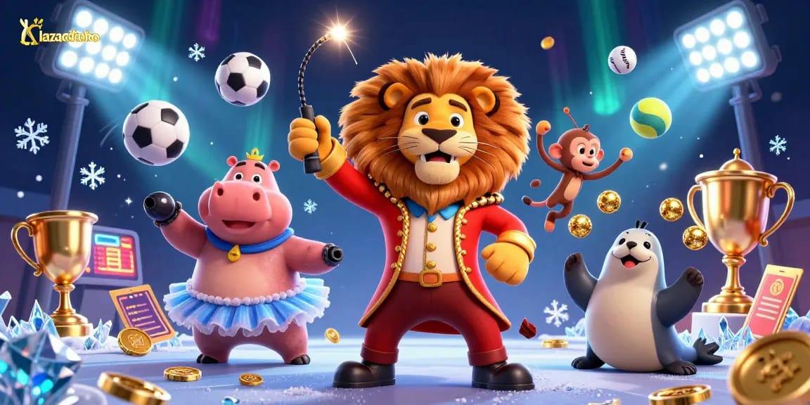 Engage with lazadatoto's thrilling gaming experience, illustrated with vibrant 3D circus characters and dynamic casino elements.