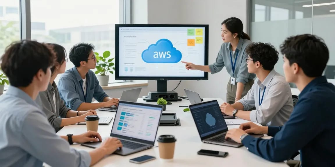 Business team collaborating on AWS solutions to buy aws accounts efficiently.