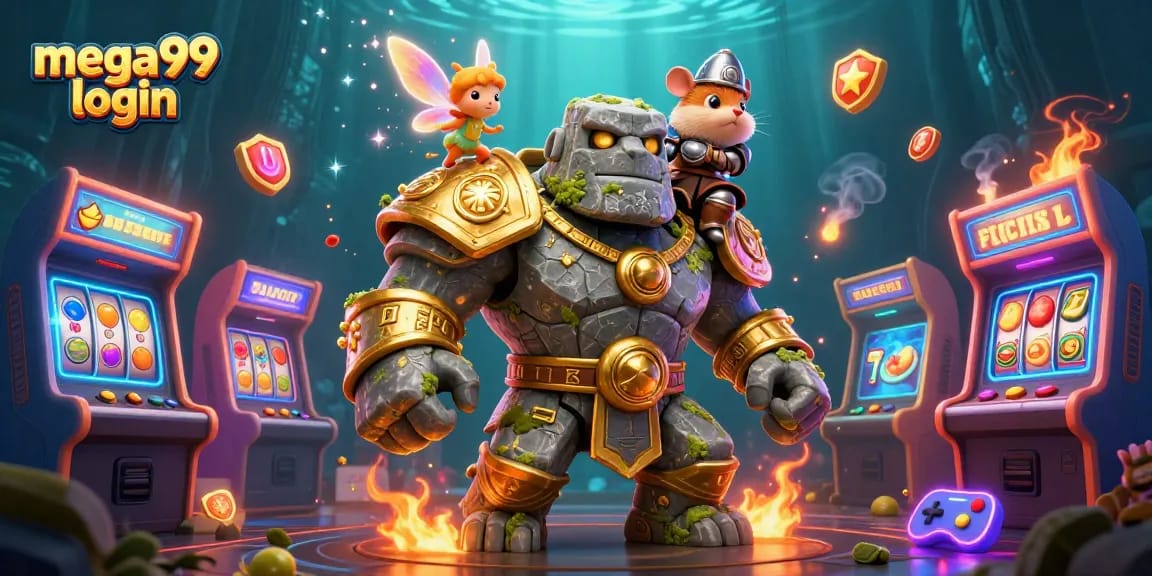 Experience mega99 login with an ancient golem and fairy in a vibrant gaming scene featuring slot reels and golden rewards.