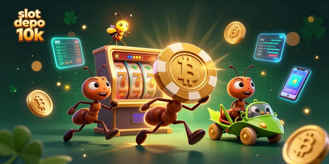 Engage in slot depo 10k excitement with 3D ants heisting a giant poker chip in a neon-lit casino