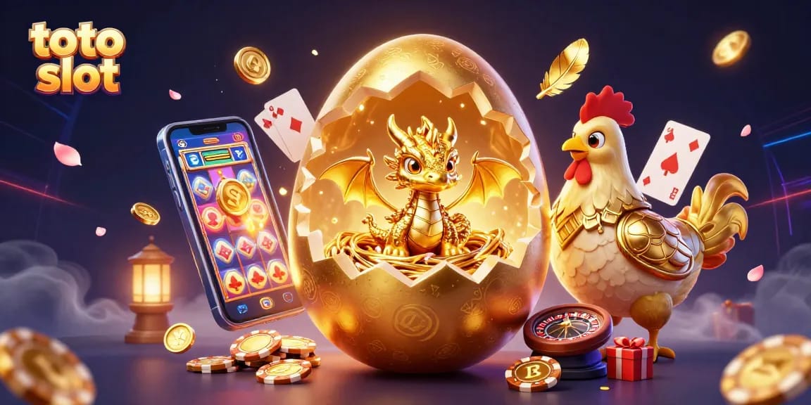 Slot toto menyajikan gambar telur emas besar dengan naga kristal dan chip poker, siap menghibur para pemain.