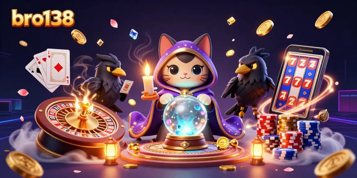 Engage in thrilling wins at Bro138 with a vibrant 3D casino scene filled with mystic characters and exciting game elements.