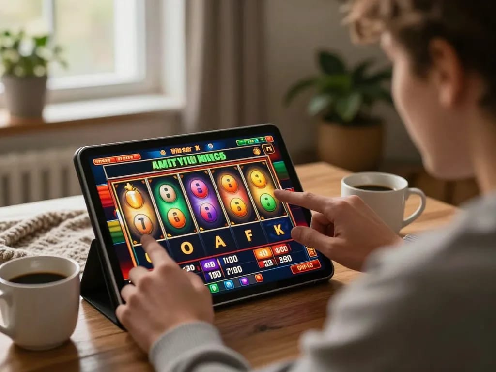 PULSASLOT SLOT ONLINE TERPERCAYA players enjoying spins on their tablet in a cozy home setting.