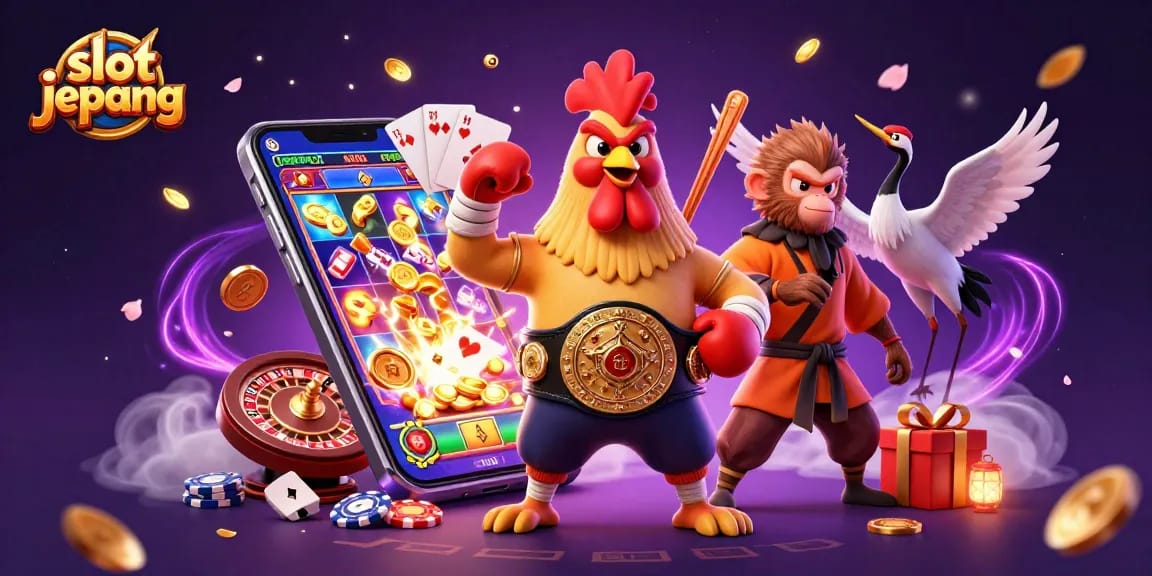 Experience the excitement of slot jepang as the characters engage in a dynamic casino scene with vibrant elements.