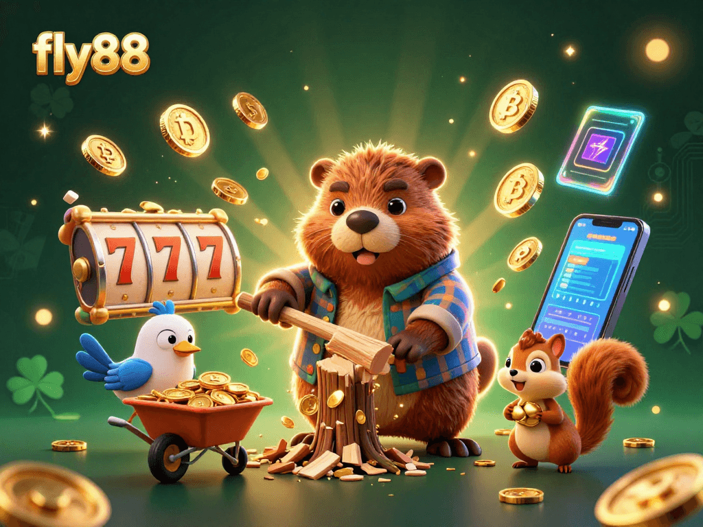 Experience thrilling action with fly88 as a beaver collects gold coins in a bustling casino atmosphere.
