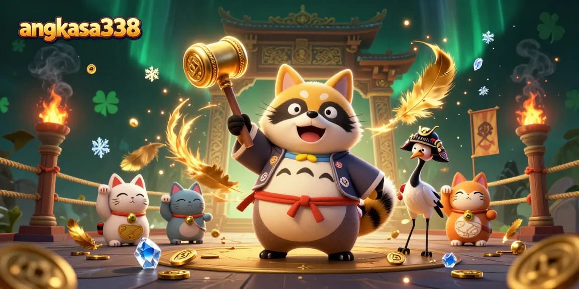 Play and win with angkasa338 in this vibrant casino adventure featuring lucky tanuki and fortune cats.