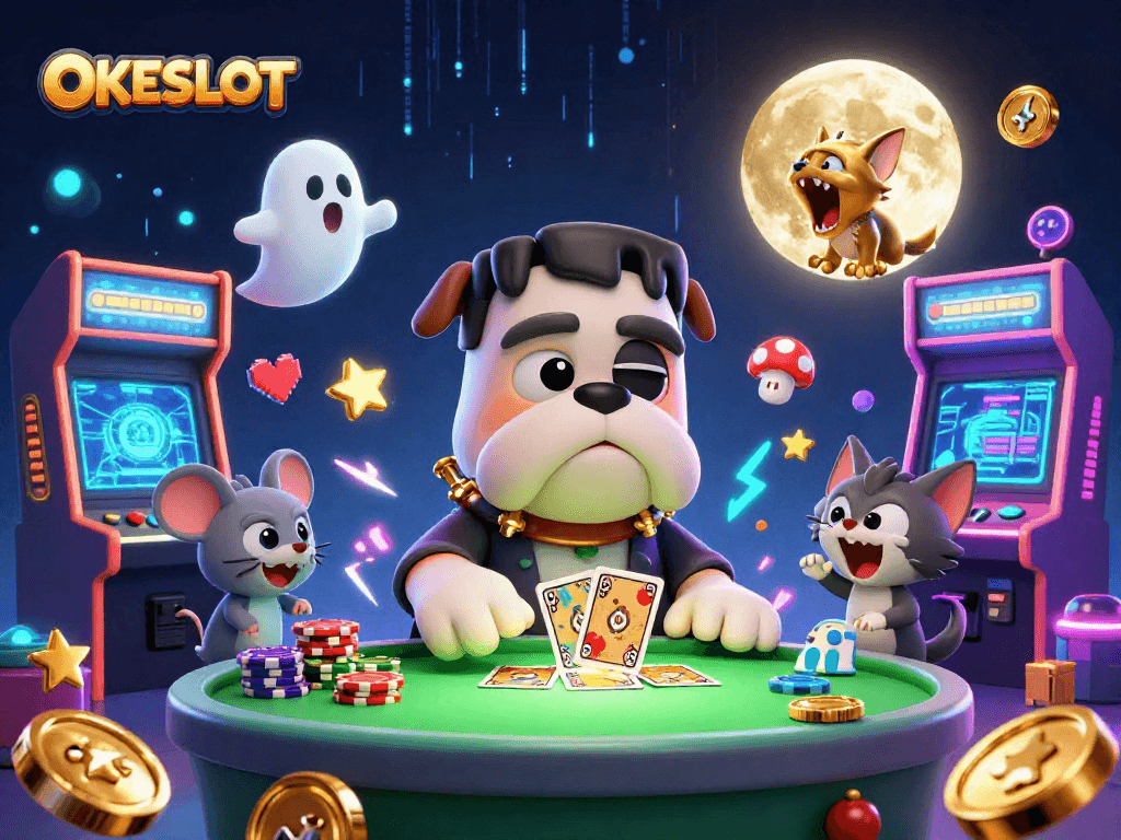 Rasakan keseruan OKESLOT dengan monster Frankenstein bermain kartu di meja kasino yang menakutkan.