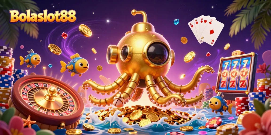 Bolaslot88's captivating golden kraken submarine navigates a sea of coins amidst vibrant casino elements.