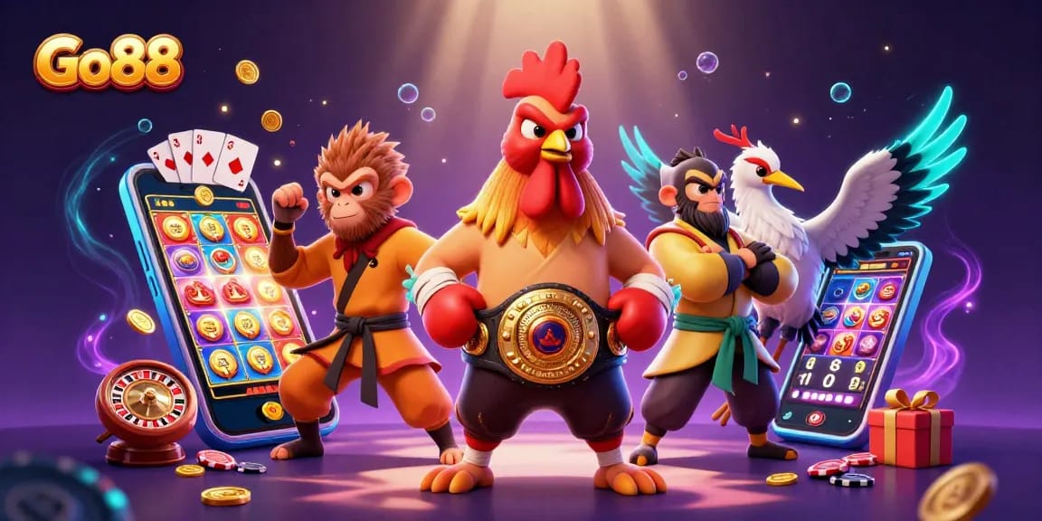 Engage with Go88's vibrant gaming scene featuring a Muay Thai rooster and slot game elements.