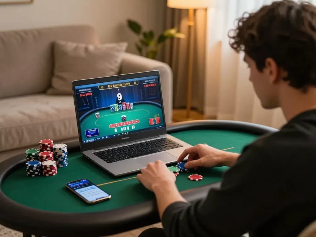 Player enjoying an online poker game at sharkysvintagepark on a cozy home setup.