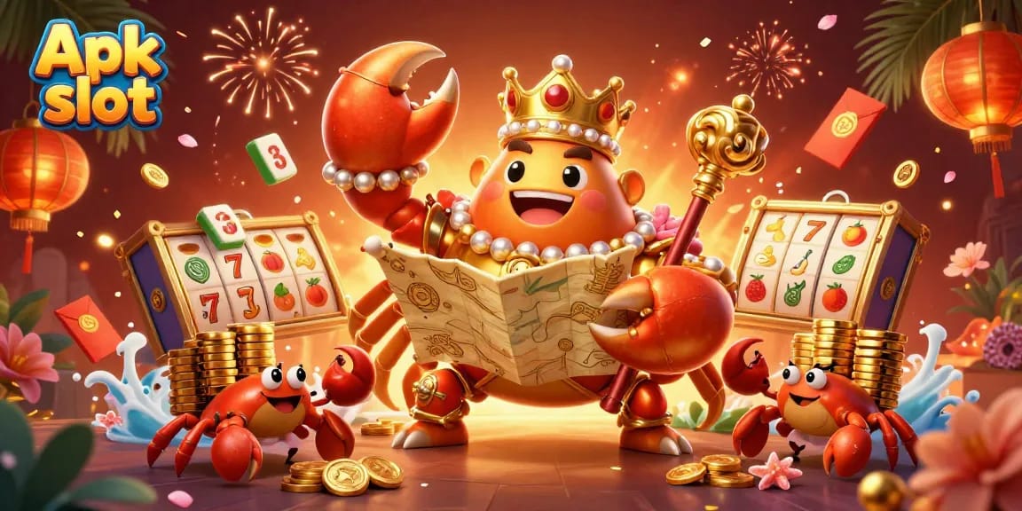 Seru bermain Apk slot dengan kepiting emas dan elemen keberuntungan yang mengelilinginya.