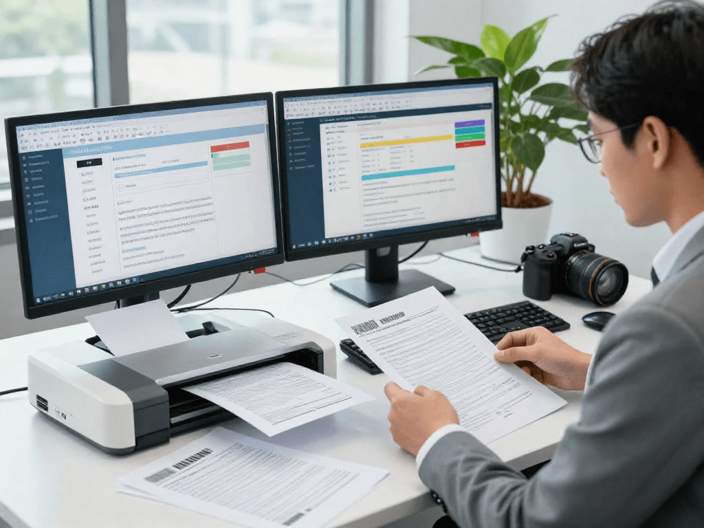 Compliance officer analyzing documents for document fraud detection in a modern office setting.