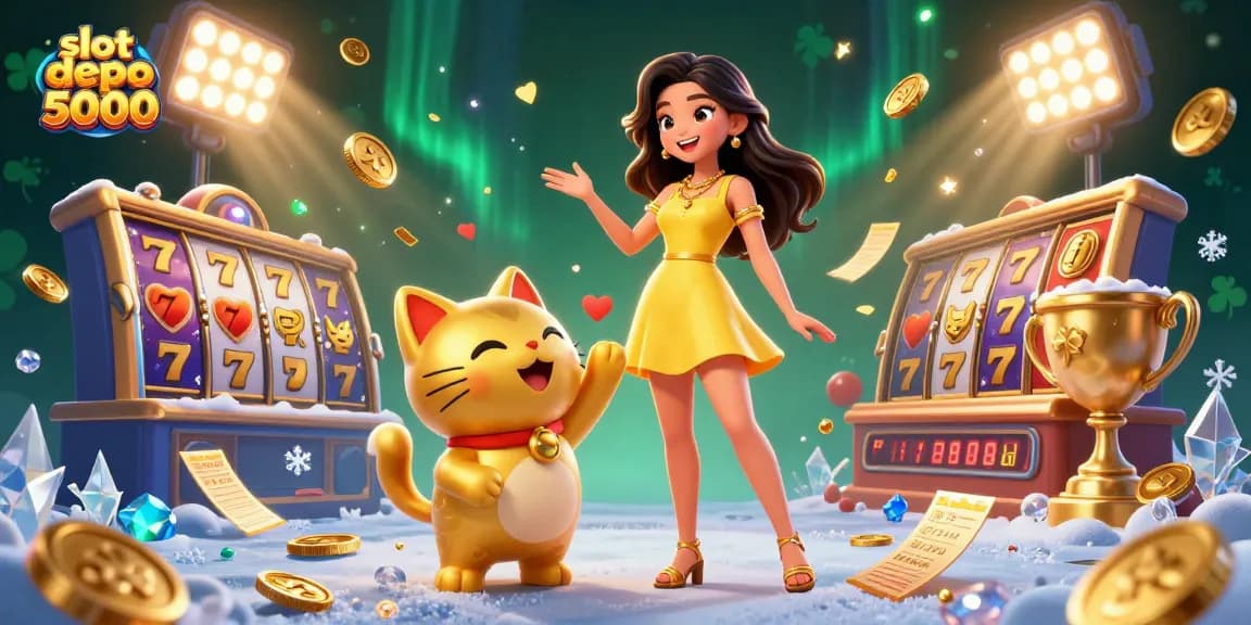 Experience the excitement of slot depo 5000 with dynamic 3D illustration showcasing winning jackpots.