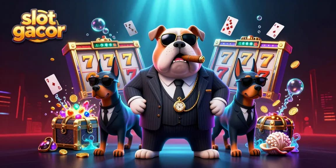 Engage with slot gacor excitement featuring mafia-themed characters amidst vibrant casino elements.