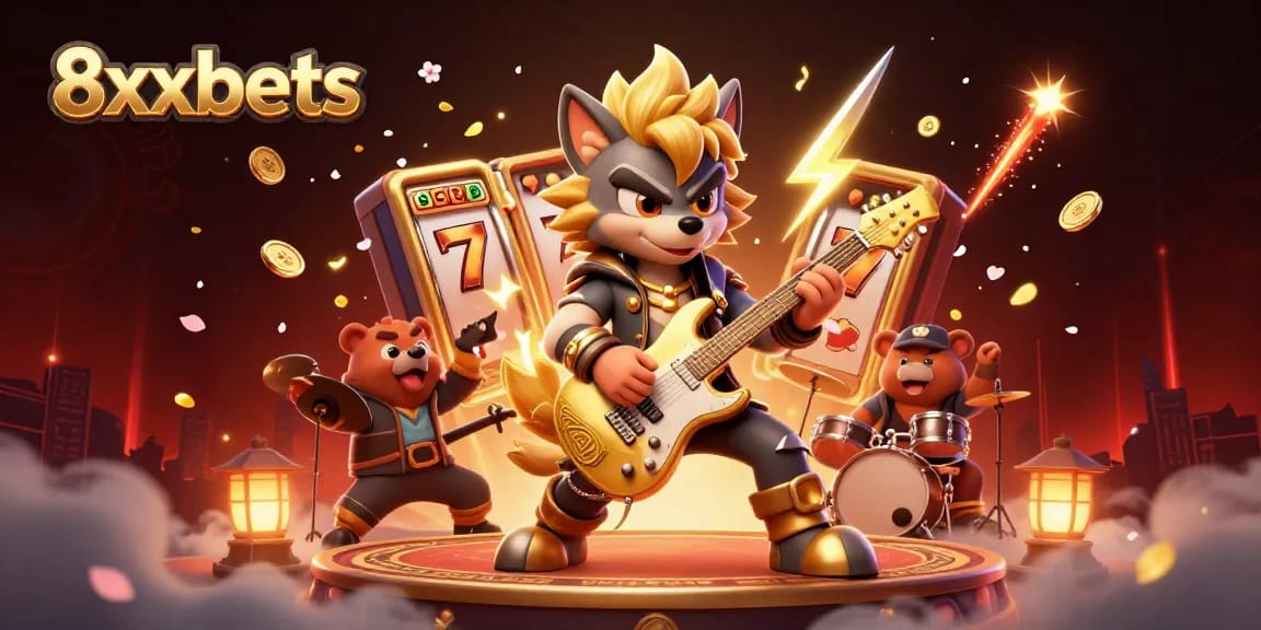 Experience thrilling gameplay with 8xbets as a cartoon wolf rocks out on stage surrounded by slot game elements.